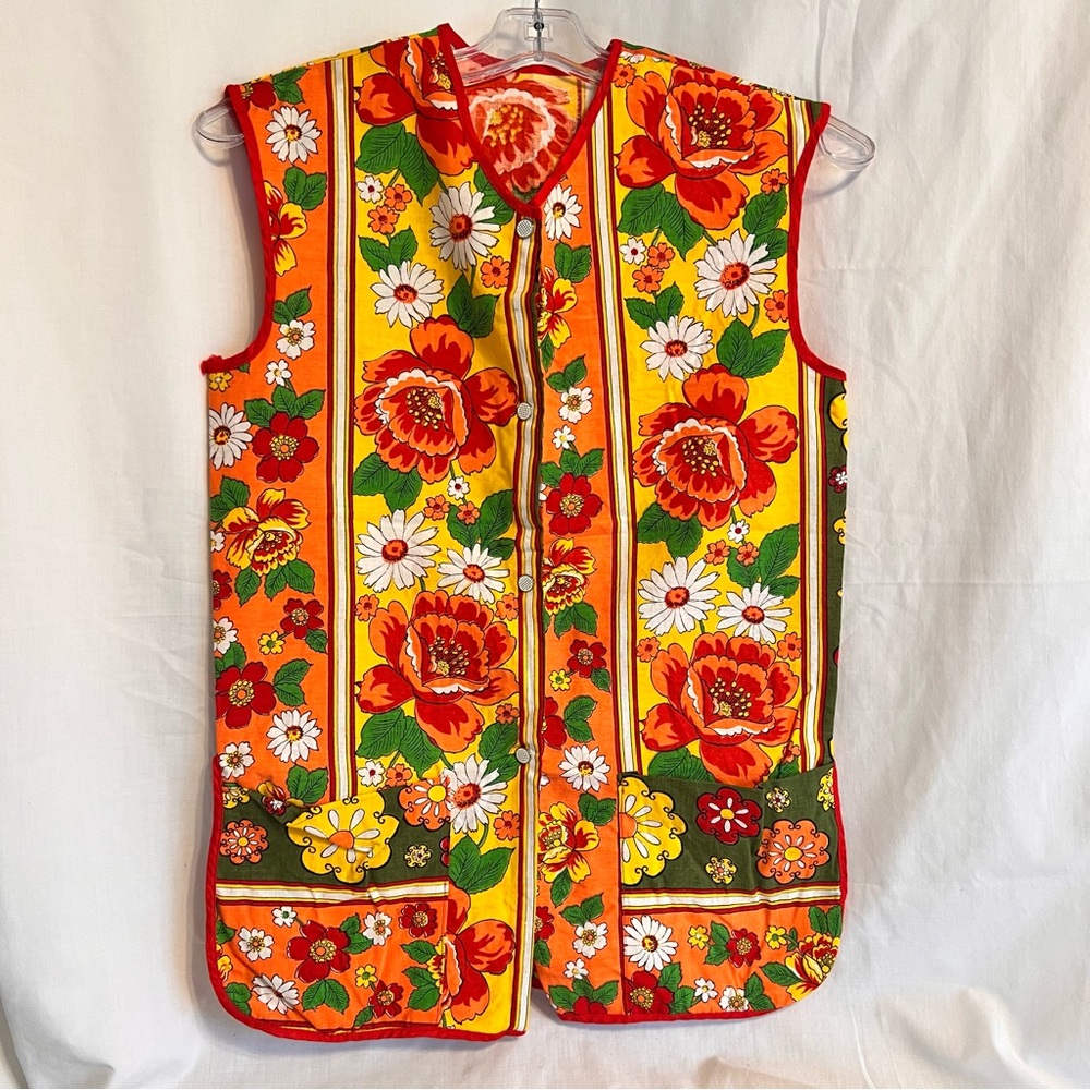 Vintage 60s 70s Flower Power Mod Top Vest Apron Smock Snap Front Pockets